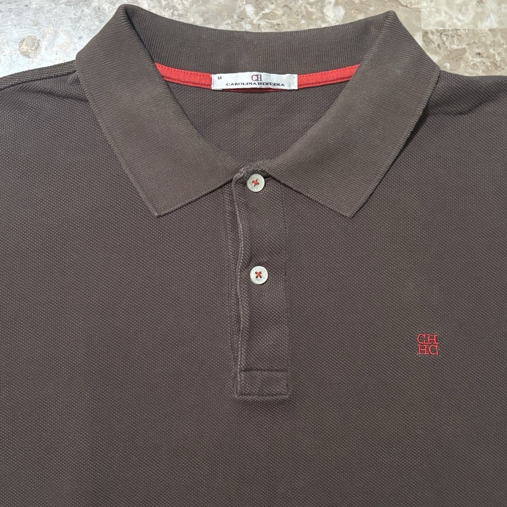 Carolina Herrera Polo Shirt Mens Medium Brown Pique Mesh Short Sleeve CH